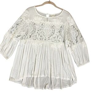 Deletta Anthropologie White Appliqué Sheer Lace  Boho Babydoll Blouse Size Small